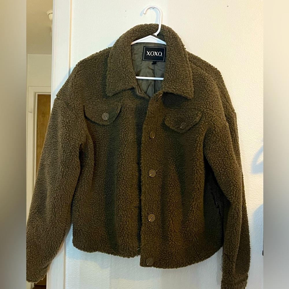 Xoxo Hunter Olive Sherpa Fleece Faux Fur Jacket Size SMALL $90